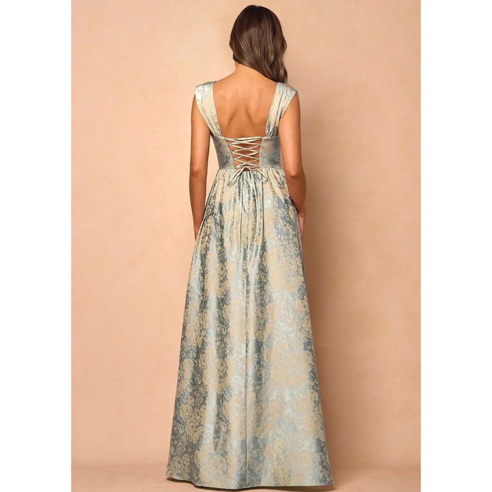 Elegant Blue-Green Brocade Maxi Dress with Square Neck - Picture 2 of 13